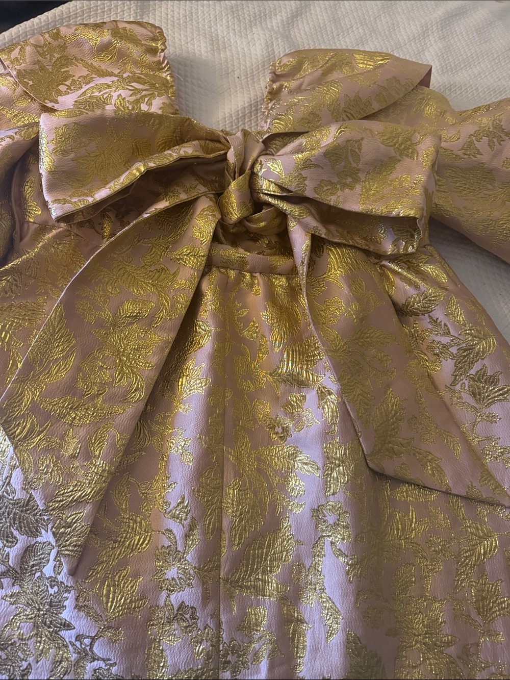 Plus Size Pink & Gold Puff-Sleeve BabyDoll Dress with Bow in back - Picture 3 of 7
